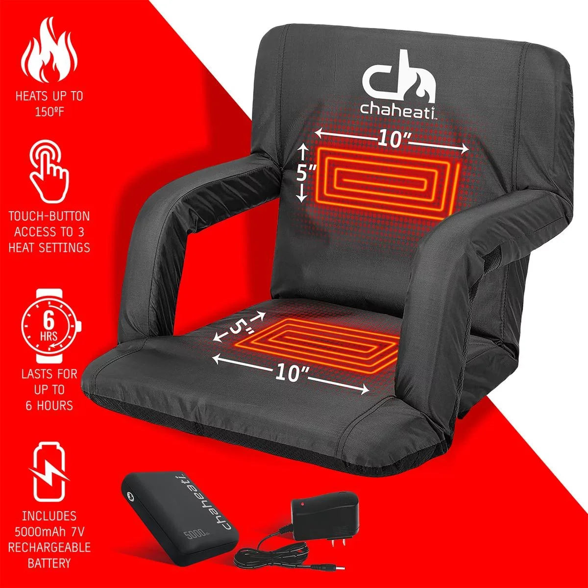 Chaheati 7  Heated Folding Bleacher Seat in Black – Battery Heated Chair For Camping, Sports, And Outdoor Activities
