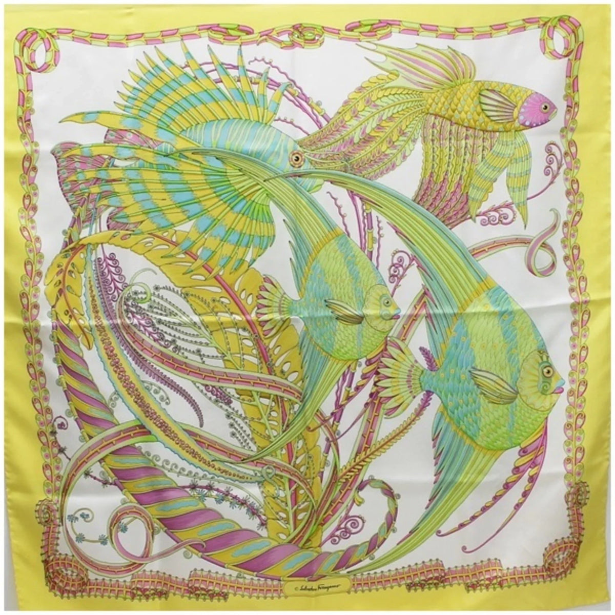 Pre-Owned Salvatore Ferragamo silk scarf tropical fish white x yellow   ladies (Good)