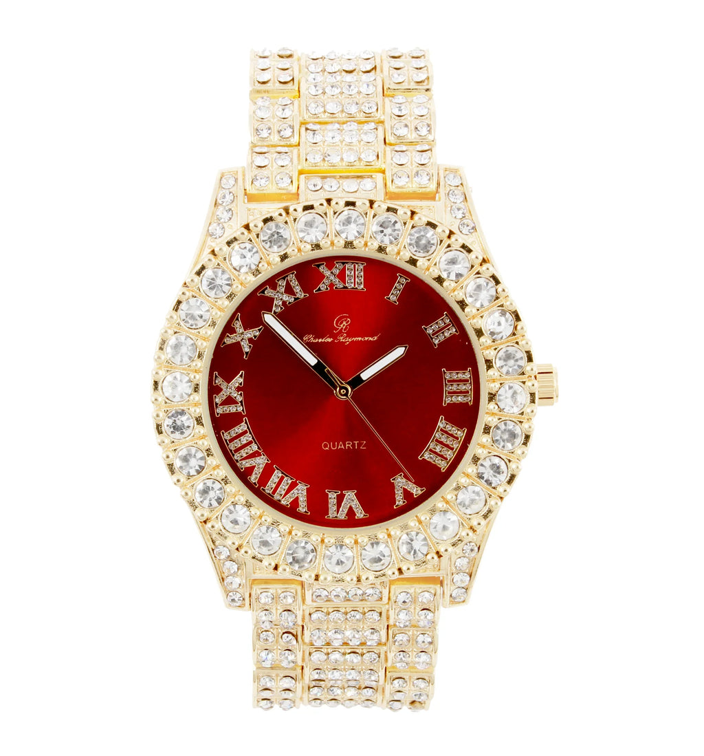 Charles Raymond Ice on Blast! Blinged Out Hip Hop Rolly Looks with Iced Out Wristwatch Trim and Band with Matching Zig Zag Bling'ed Out Necklace Sets -  Necklace Sets - Gold - Red