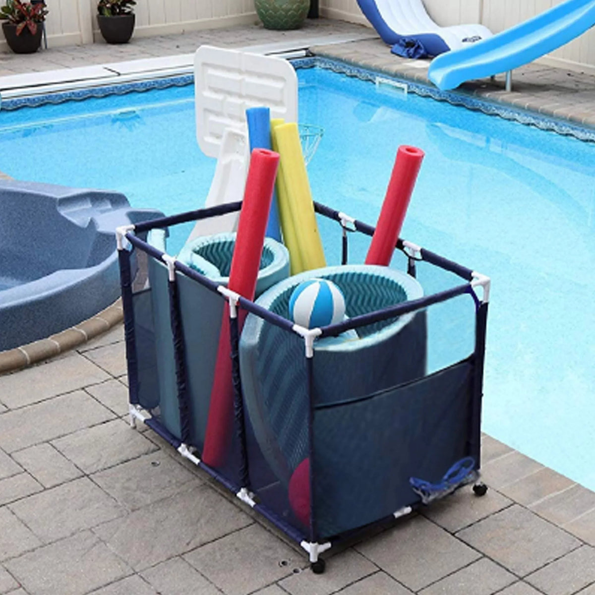Essentially Yours Pool Noodles Holder, Toys, Floats, Balls and Floats Equipment Mesh Rolling Storage Organizer Bin, Kids Height, Large, (43"  x 25"  x 28" ), Blue Style 563009