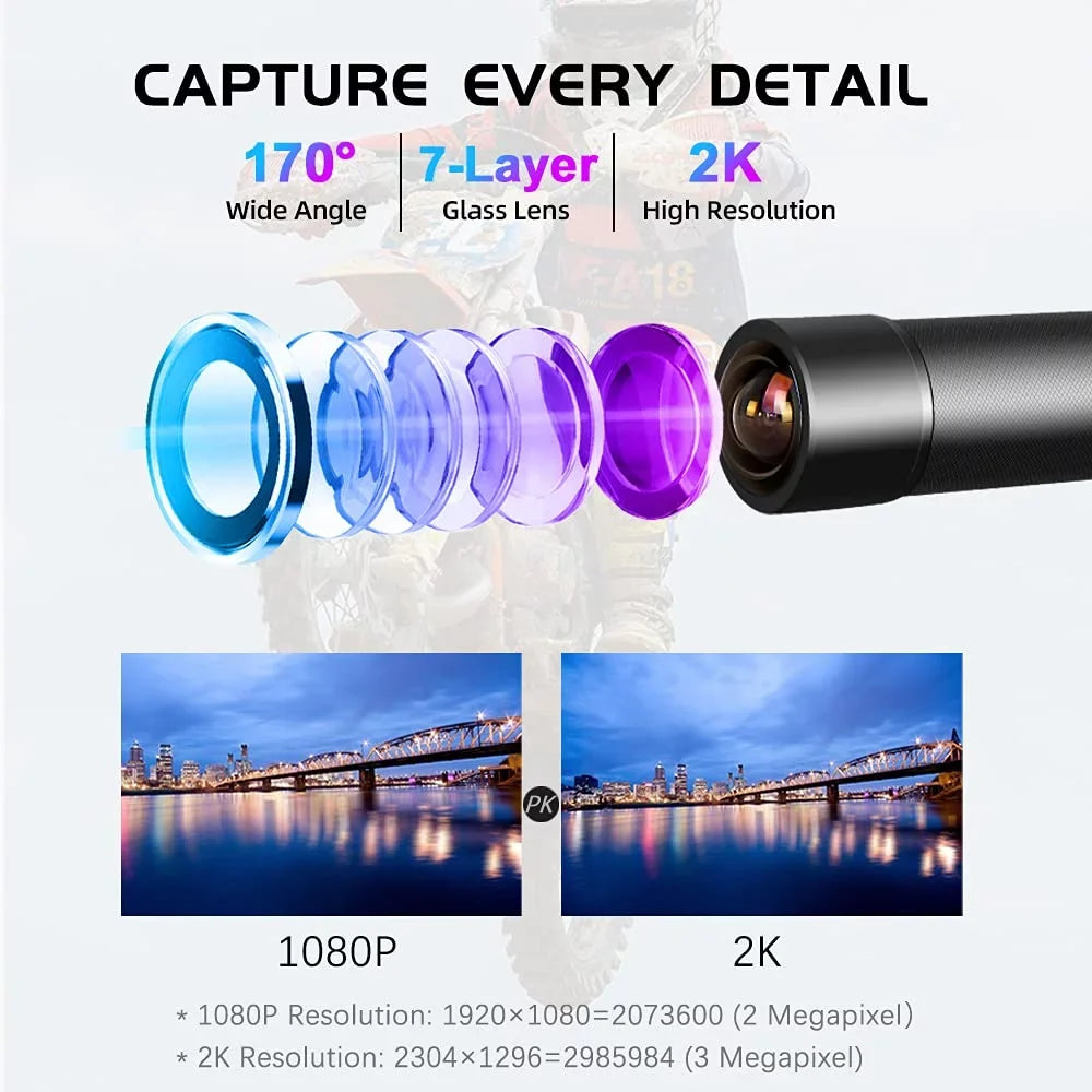 2K Motorcycle Bike Helmet Camera, Portable WiFi Waterproof Motorcycle Dash Cam Action Camera, 170° Super Wide Angle Night Vision Lens, , Loop Recording