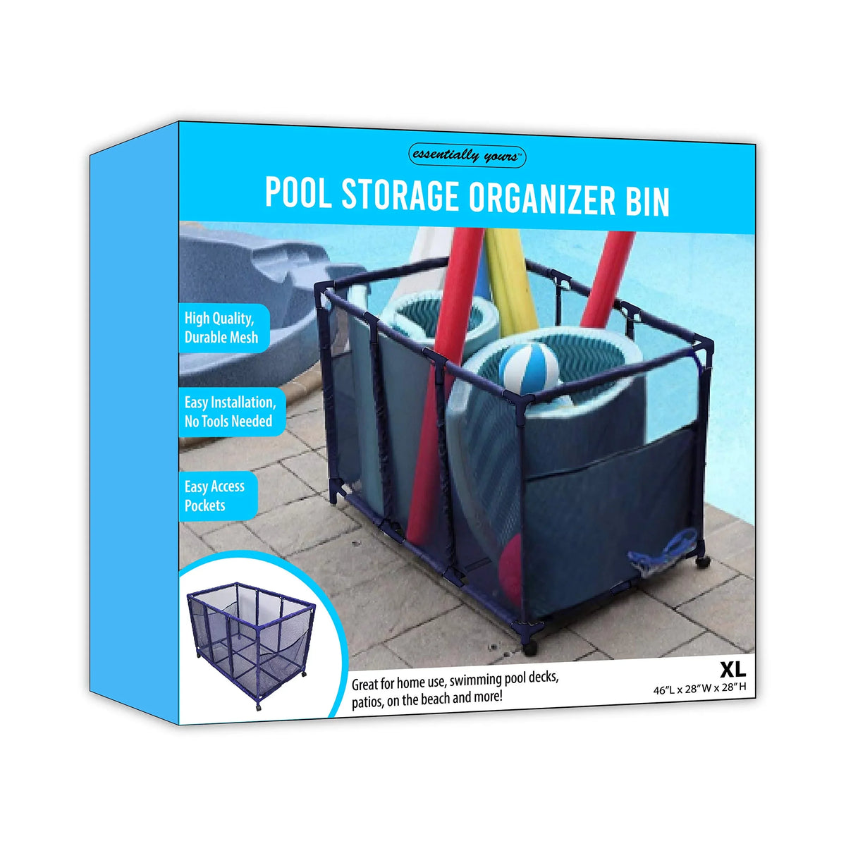 Essentially Yours Pool Noodles Holder, Toys, Floats, Balls and Floats Equipment Mesh Rolling Storage Organizer Bin, Kids Height, Large, (43"  x 25"  x 28" ), Blue Style 563009