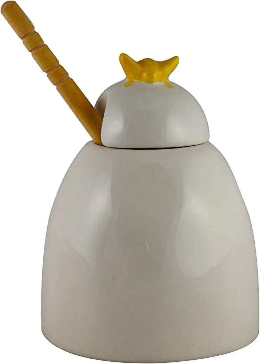 Rae Dunn Ceramic  Pot Ivory with Black  Letters Yellow Bee on Lid and Wooden Dipper Kitchen