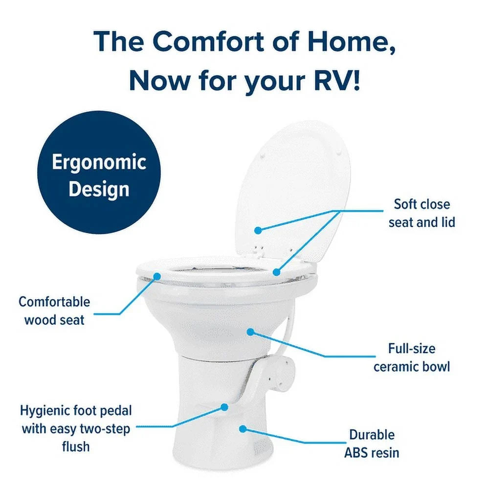 Camco Premium Ceramic Camper/ Toilet | Features a Gravity Flush System with Convenient Foot Pedal & Full-Sized Ergonomic Design with 18-In Chair Height | Includes Soft-Close Wood Seat & Lid (41710)