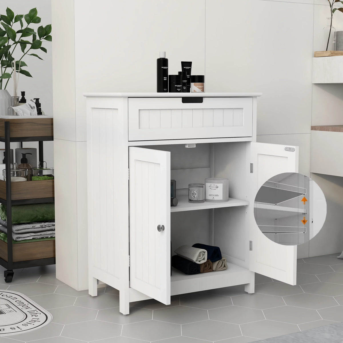 Versatile Bathroom Floor Cabinet in White Freestanding Wood Storage Organizer 2 Doors, 1 Drawer Adjustable Shelf Elegant Design for Bathroom and Living Room.