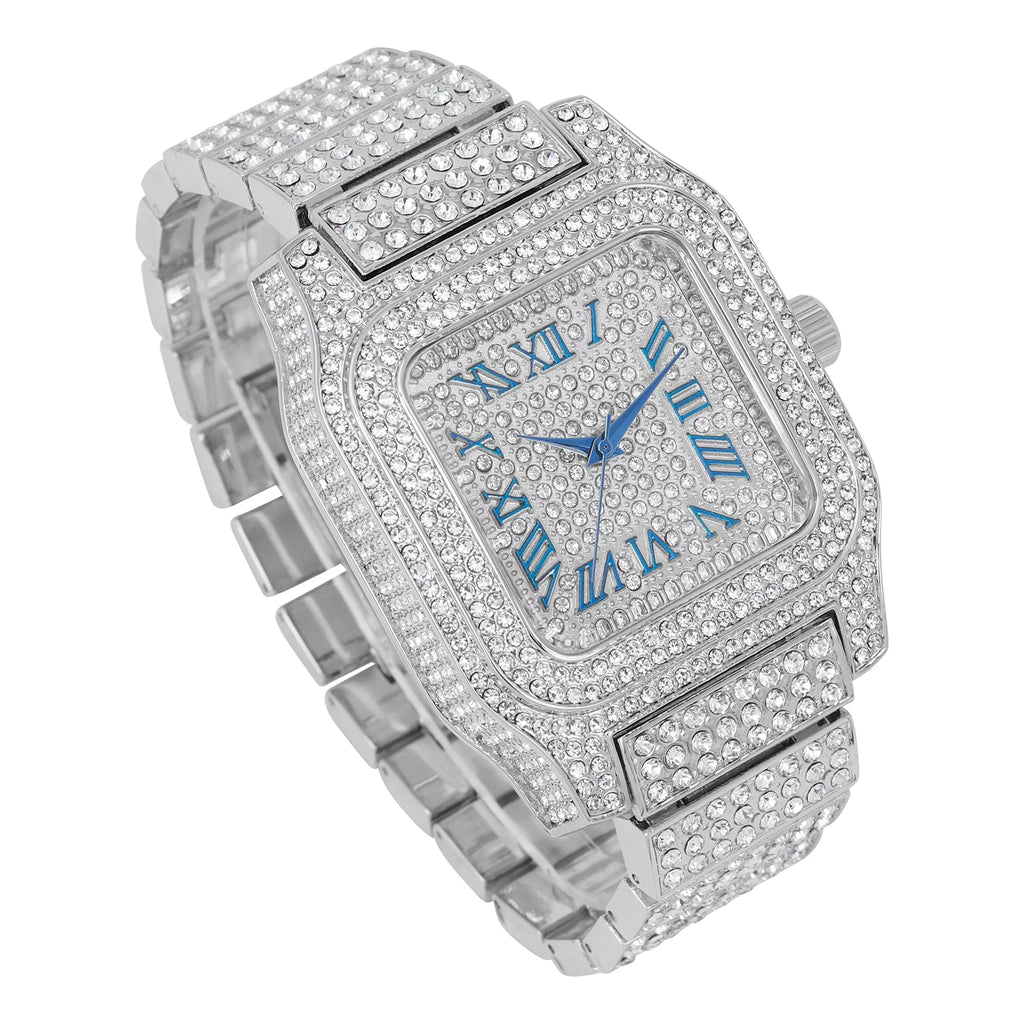 Bling-ed Out Biggie Square Iced Gold Hip Hop Watch You Will Hypnotize in a Flashy Way - 0513Sq (Silver Blue #)