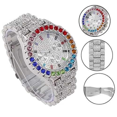 Charles Raymond Iced Out Mens Color on Blast Watch Single or Combo Sets with Blinged Out Bracelets Set. Iced Out Colourful Rainbow Flame Collection (- )