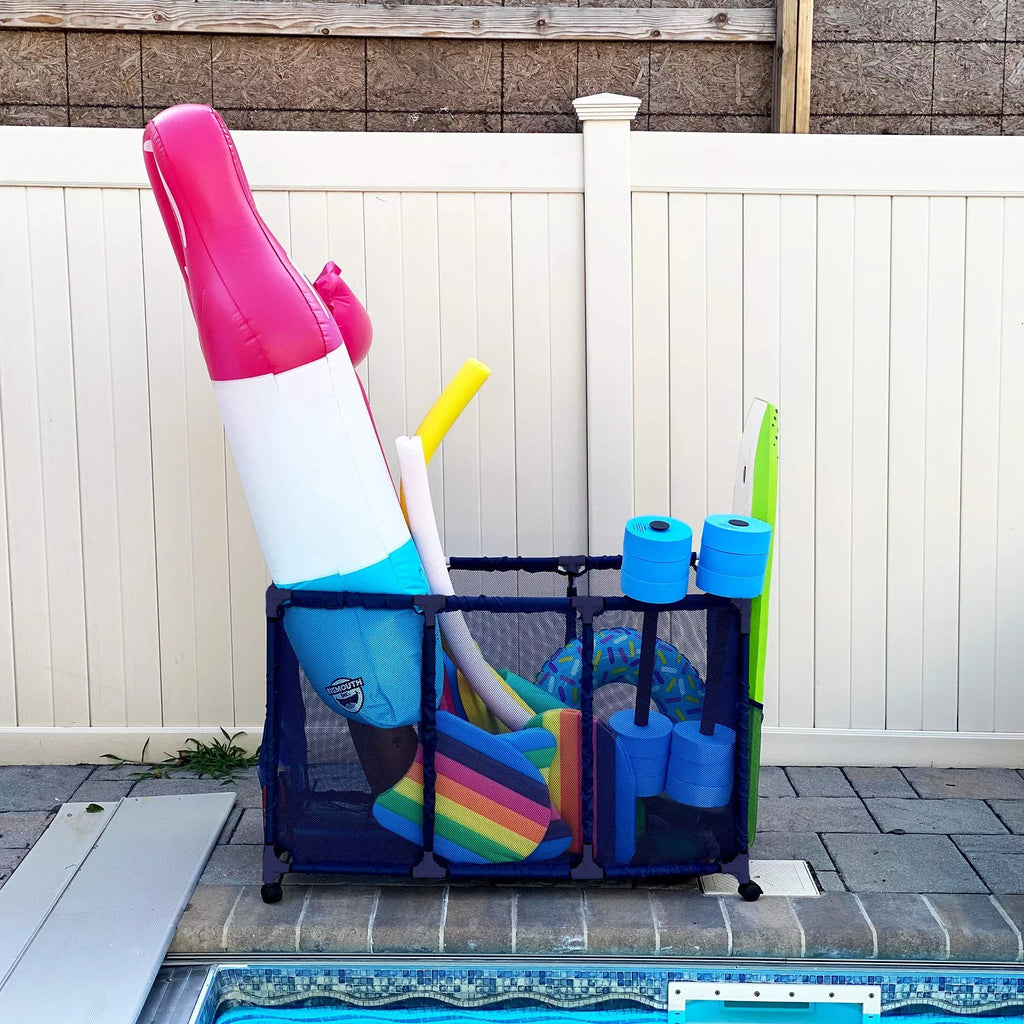 Essentially Yours Pool Noodles Holder, Toys, Floats, Balls and Floats Equipment Mesh Rolling Storage Organizer Bin, Kids Height, Large, (43"  x 25"  x 28" ), Blue Style 563009