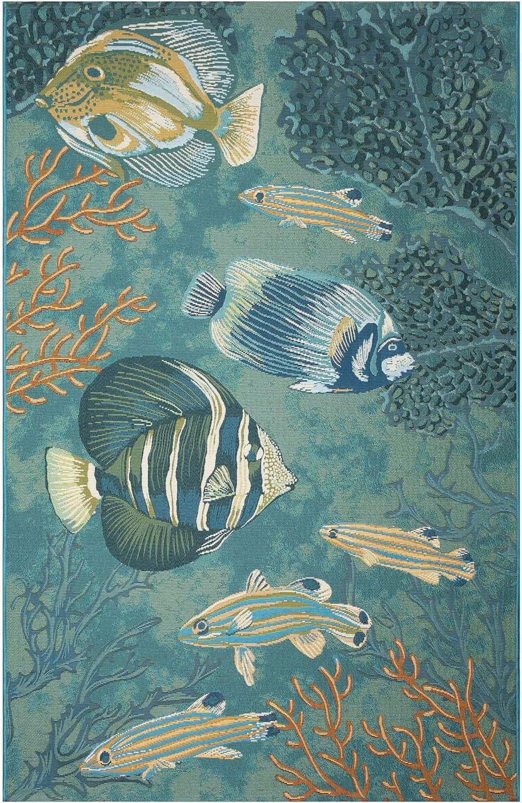 Marina Indoor/Outdoor Power Loomed Synthetic Blend Low Profile Area Rug - Transitional Graphic Coastal Animal Colorful (Fish Aqua) (6'6"  9'4")