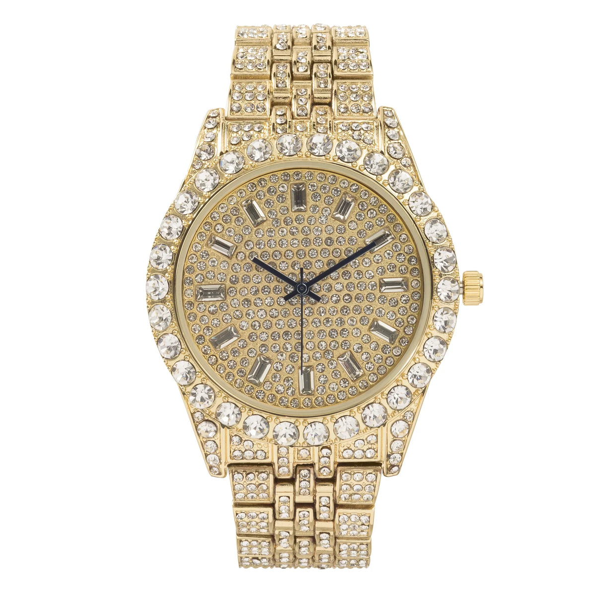 Charles Raymond Mens Hip Hop Metal Timepiece - Big Rhinestones on Trim and Elegant Baguette Time Indicators on Dial - Master Blinged Out Designer Look -   Single (Gold Gold)