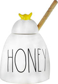 Rae Dunn Ceramic  Pot Ivory with Black  Letters Yellow Bee on Lid and Wooden Dipper Kitchen