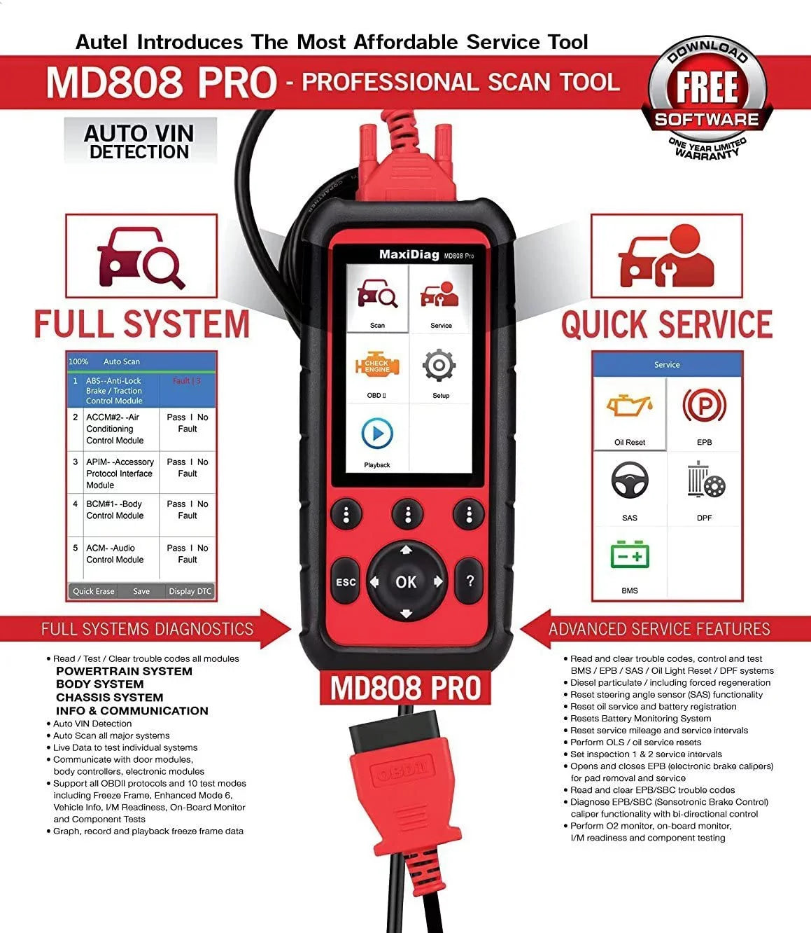 Autel MaxiDiag  Pro With Extension Cable  Scanner Code Reader Read/Clear Codes  Lookup 7 Special Features Oil Reset Battery Reset    Upgraded