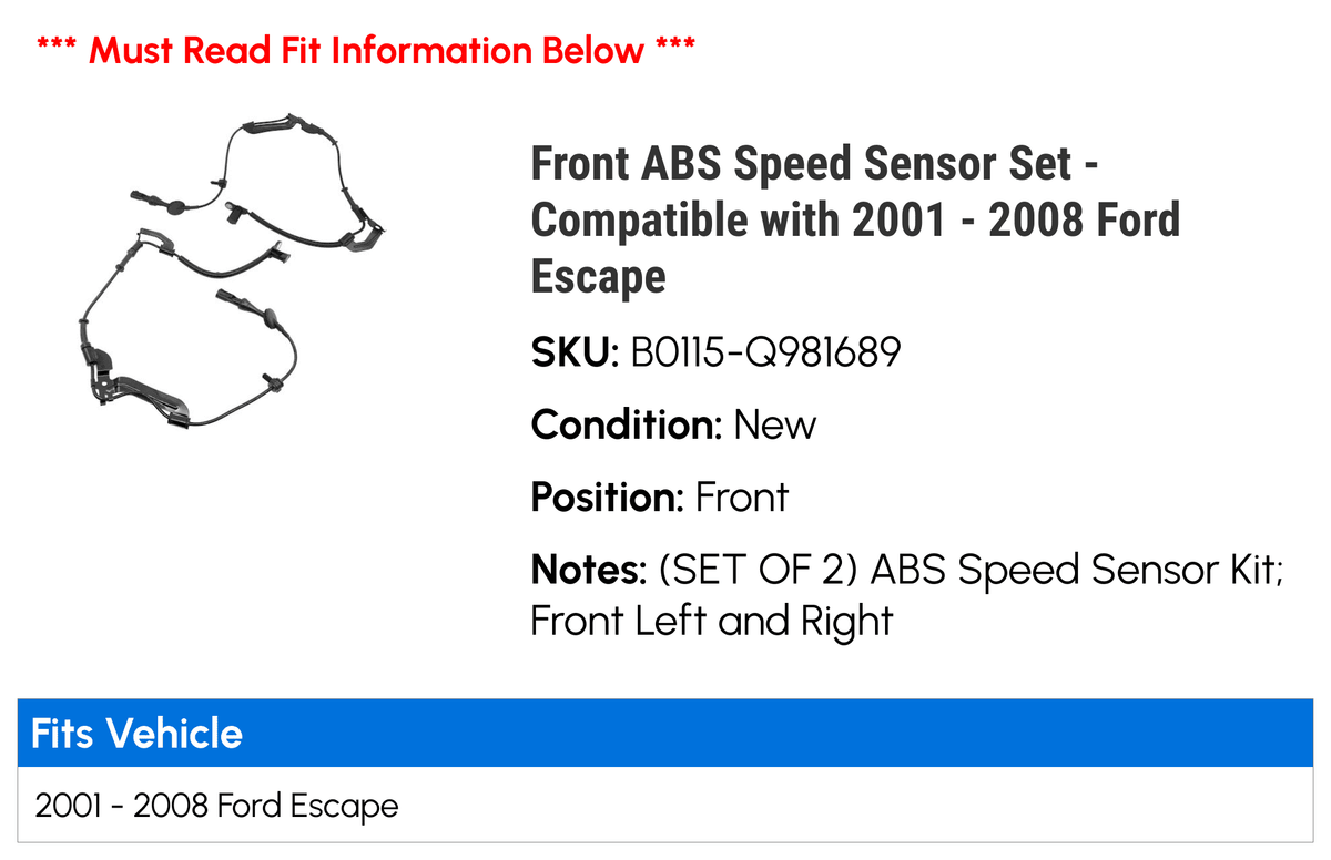Front  Speed Sensor Set - Compatible with 2001 - 2008 Ford Escape 2002 2003 2004 2005 2006 2007
