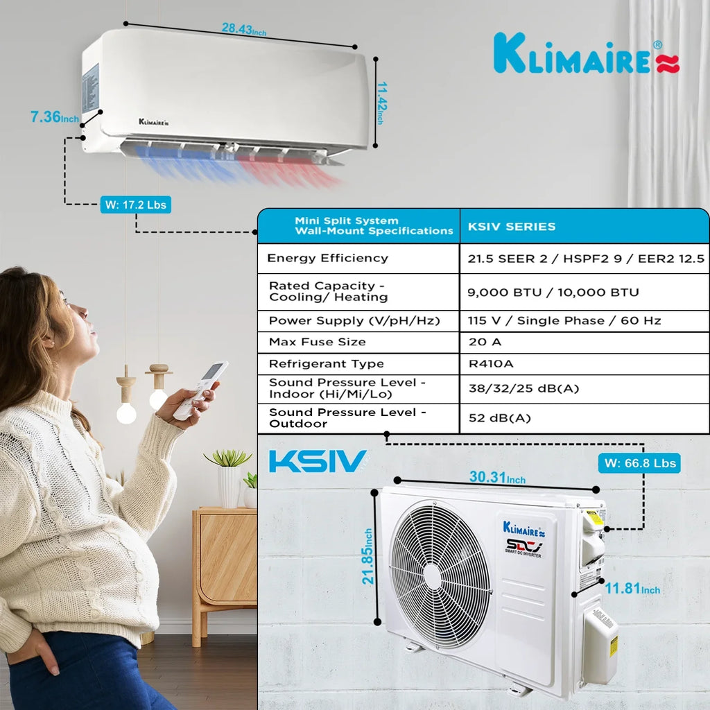 Klimaire 9,000 Btu 21.5  Ductless Mini-Split Heat Pump Air Conditioner up to 400 sq. ft.