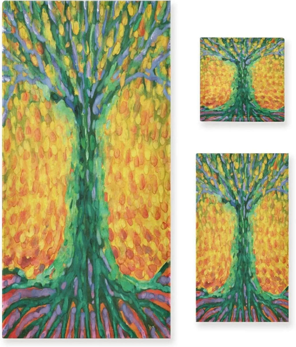 3 Pack Towel Abstract Tree for Life Cotton Bath Towel Set (1 Bath Towel, 1 Hand Towel, 1 Washcloth) for Bathroom, Super Soft and Quick Dry Towels