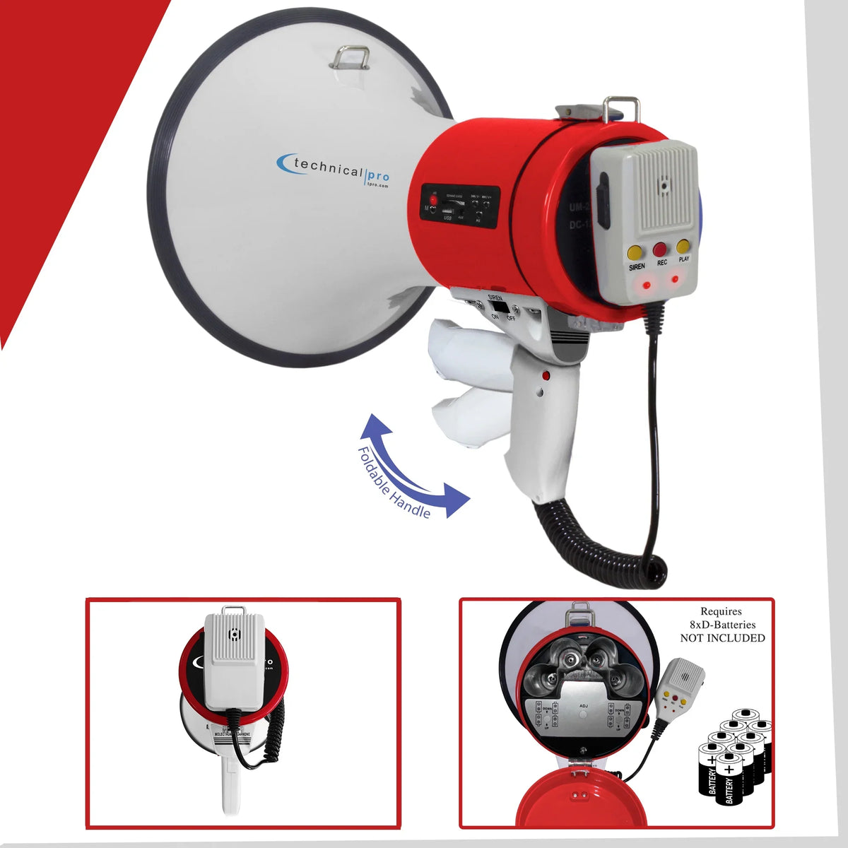 Technical Pro Red Megaphone 75-Watt Siren Bullhorn - Bullhorn Speaker w/Detachable Microphone, Portable Lightweight Strap Detachable  - Professional Outdoor Voice for Police And Cheer leading