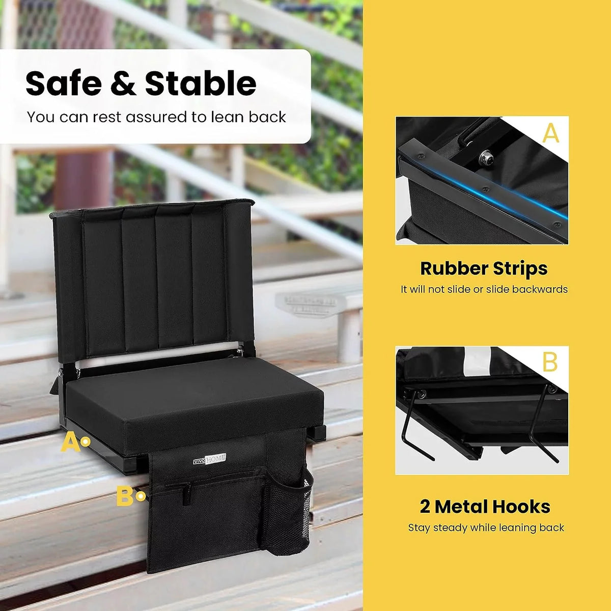 Portable Stadium Seat for Bleachers with Back Support, Folding Bleacher Chair with Cup Holder and Shoulder Strap
