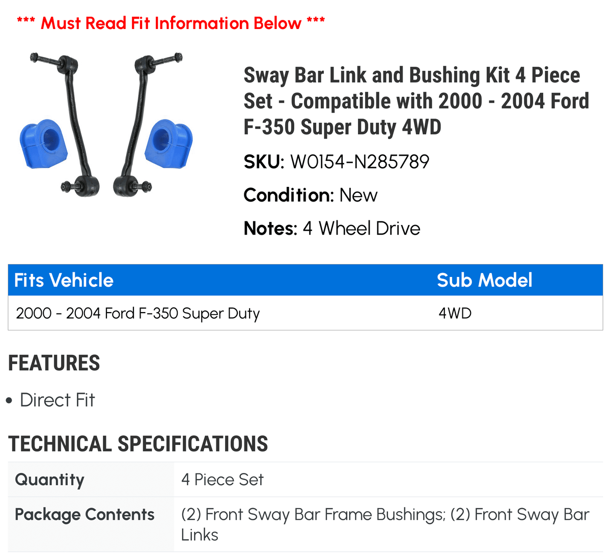 Sway Bar Link and Bushing Kit 4 Piece Set - Compatible with 2000 - 2004 Ford -350 Super Duty 4WD 2001 2002 2003