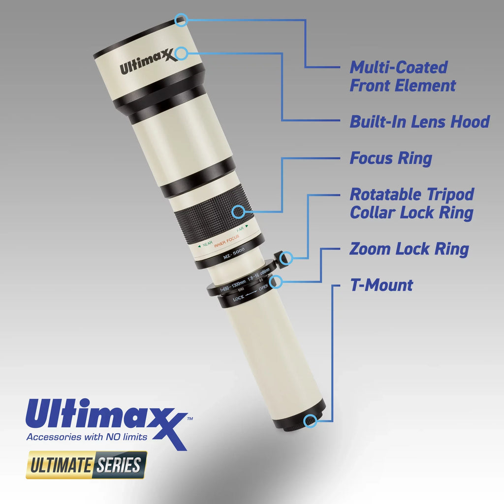 Ultimaxx 650 to 1300mm (with 2X- 1300-2600mm) f/8 Manual Telephoto Lens for Nikon -Mount Cameras & More