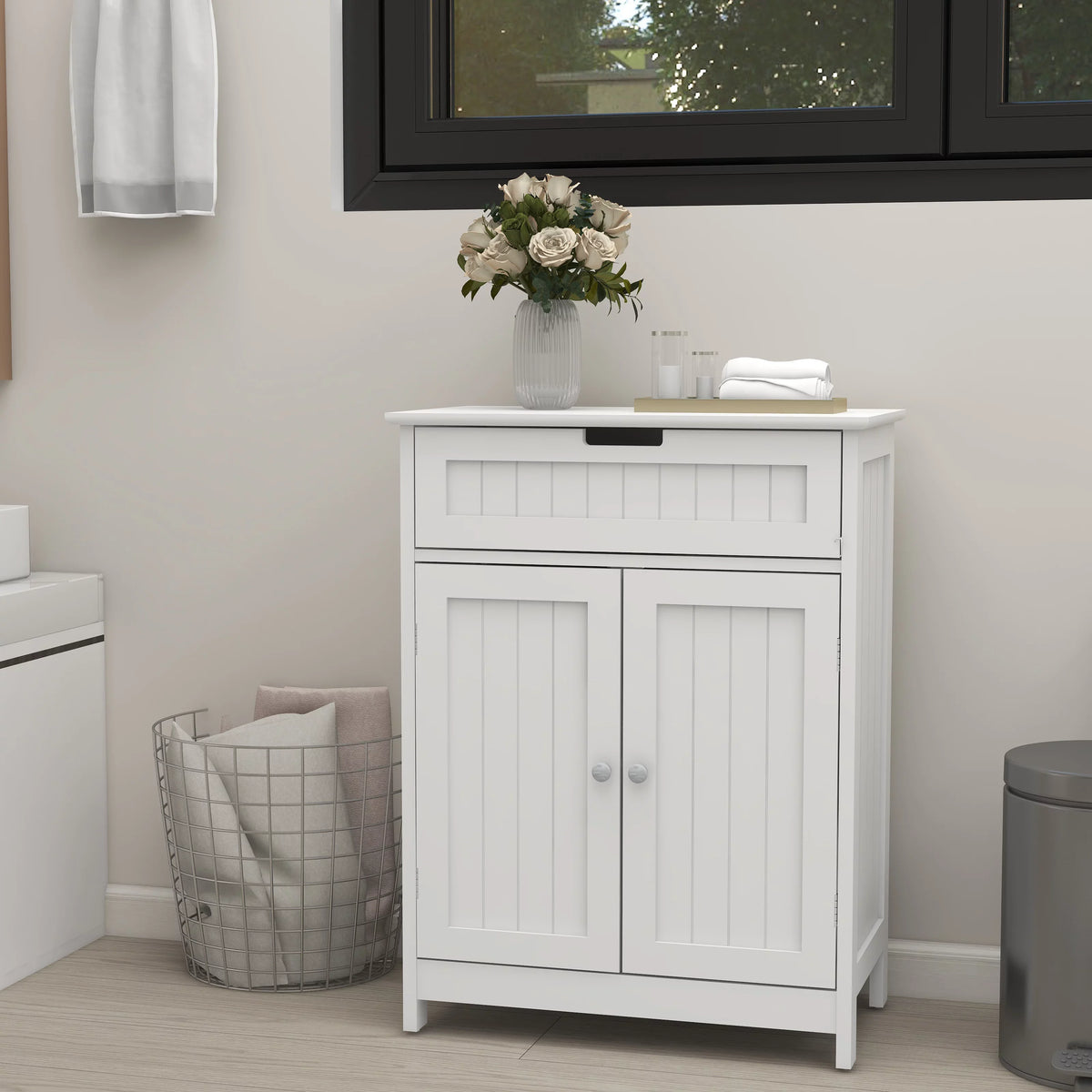 Versatile Bathroom Floor Cabinet in White Freestanding Wood Storage Organizer 2 Doors, 1 Drawer Adjustable Shelf Elegant Design for Bathroom and Living Room.
