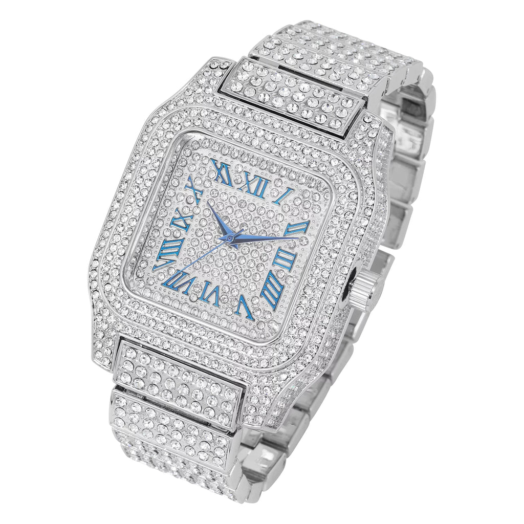 Bling-ed Out Biggie Square Iced Gold Hip Hop Watch You Will Hypnotize in a Flashy Way - 0513Sq (Silver Blue #)