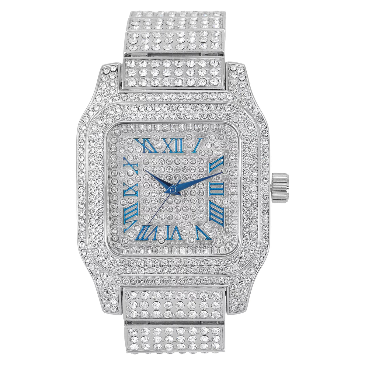 Bling-ed Out Biggie Square Iced Gold Hip Hop Watch You Will Hypnotize in a Flashy Way - 0513Sq (Silver Blue #)