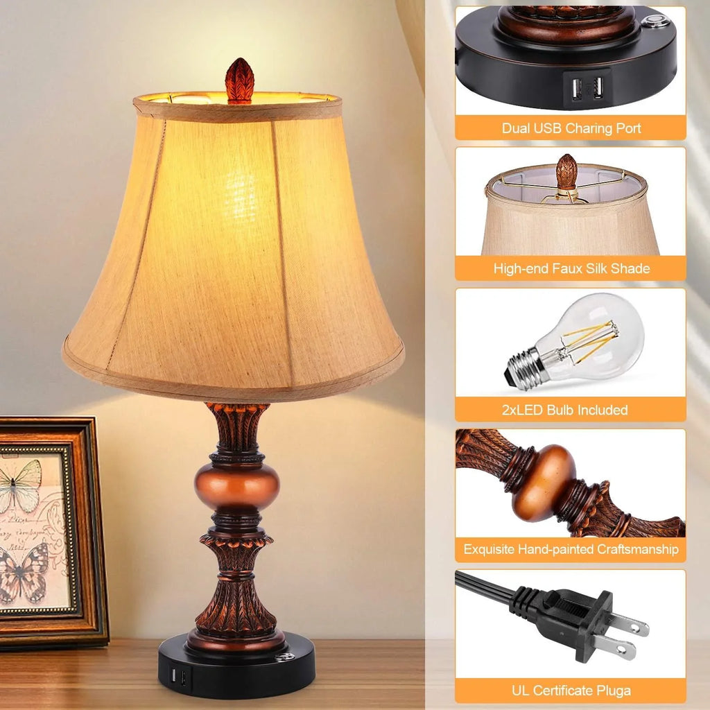 Nictiv Set of 2 Table Lamps, Bedroom Bedside Lamp with 4  Port Touch Control 3-Way Dimmable Nightstand Lamp Traditional Wooden Lamp Sets with 2 Free  Bulbs
