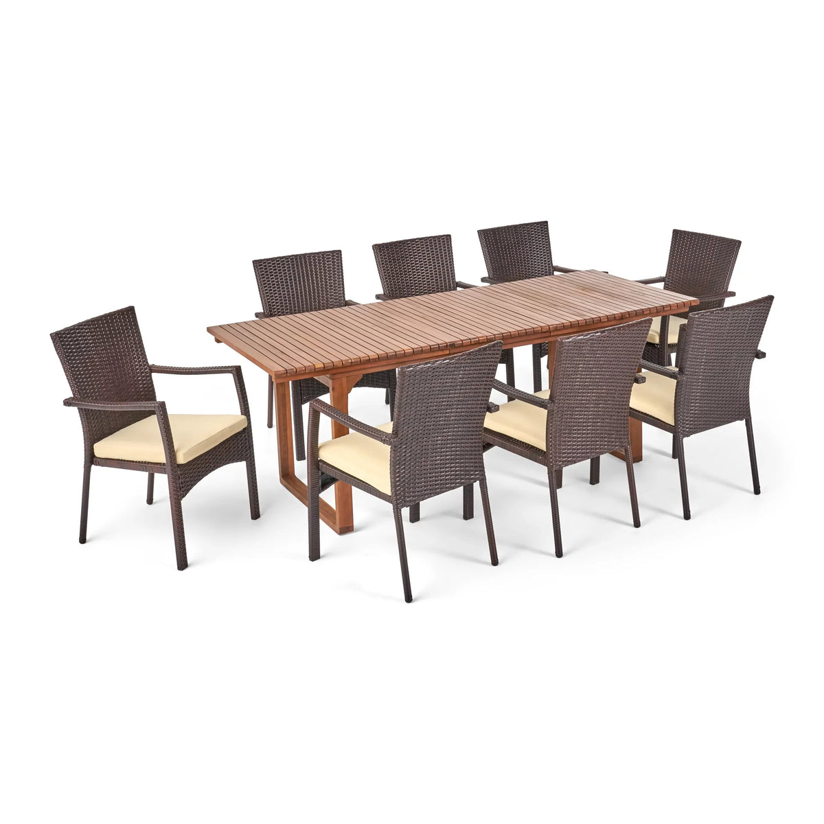 Maxwell Outdoor 8 Seater Expandable Wood and Wicker Dining Set, Brown, Cream