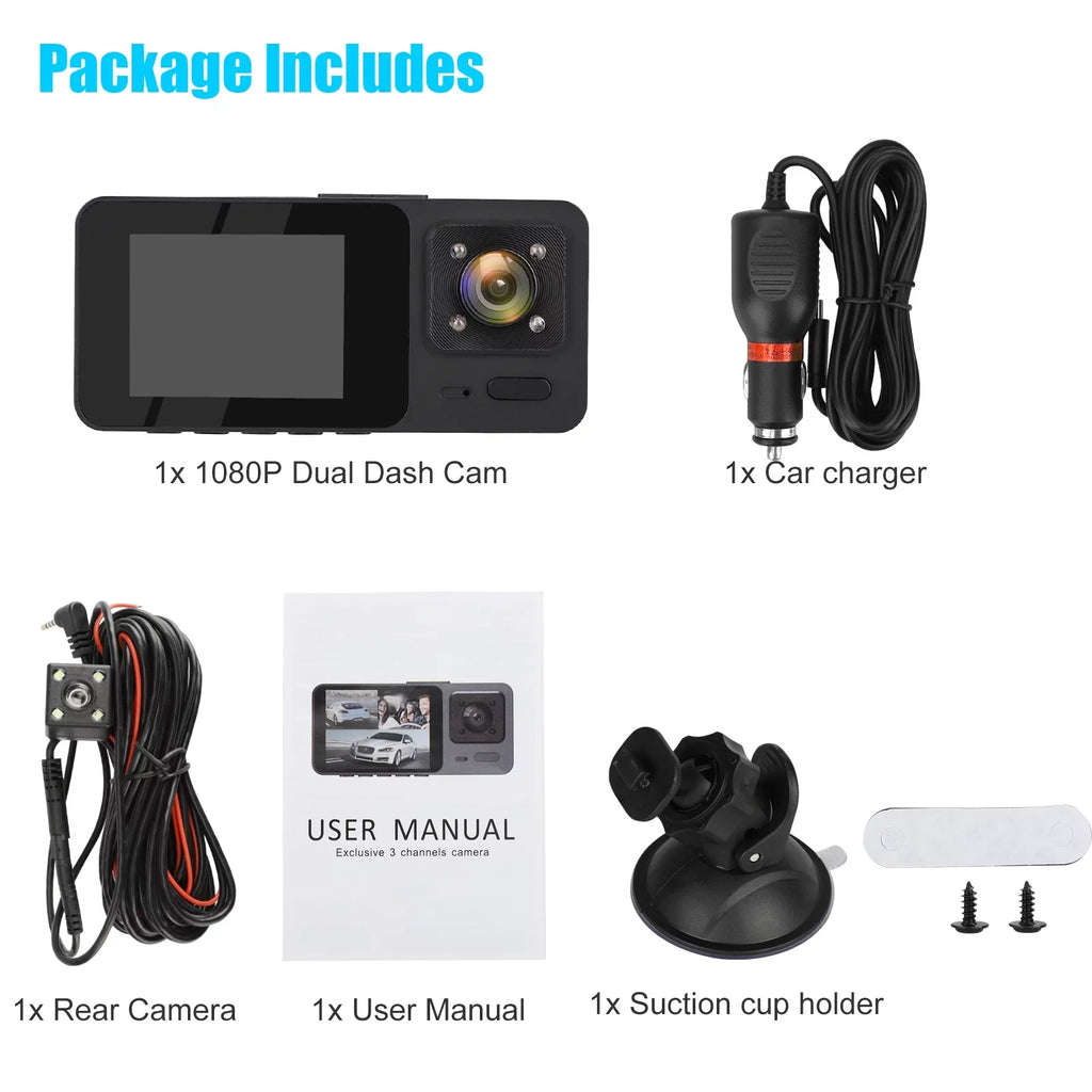 3 Channel Dash Cam,  1080P  Dash Backup Camera with Night Vision, -Sensor, Parking Monitor, Loop Recording - Black