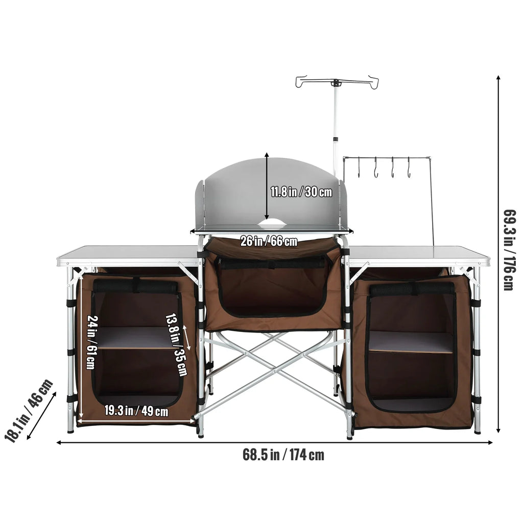 Folding Portable Cook Table 3 Cupboards Brown Camping Kitchen Table