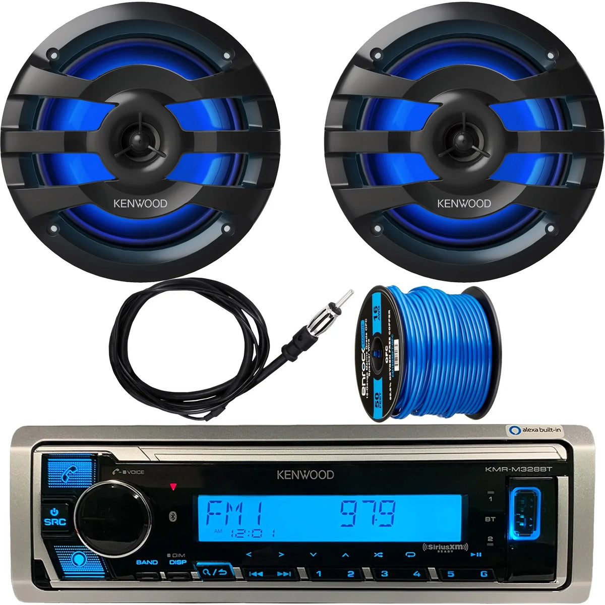 Kenwood - Single  Marine/MotorSports SiriusXM Ready  Bluetooth Digital Media Receiver, 2x 6.75" 2-Way 260 Watts Max Power Marine Black  Speakers, Antenna, Speaker Wire