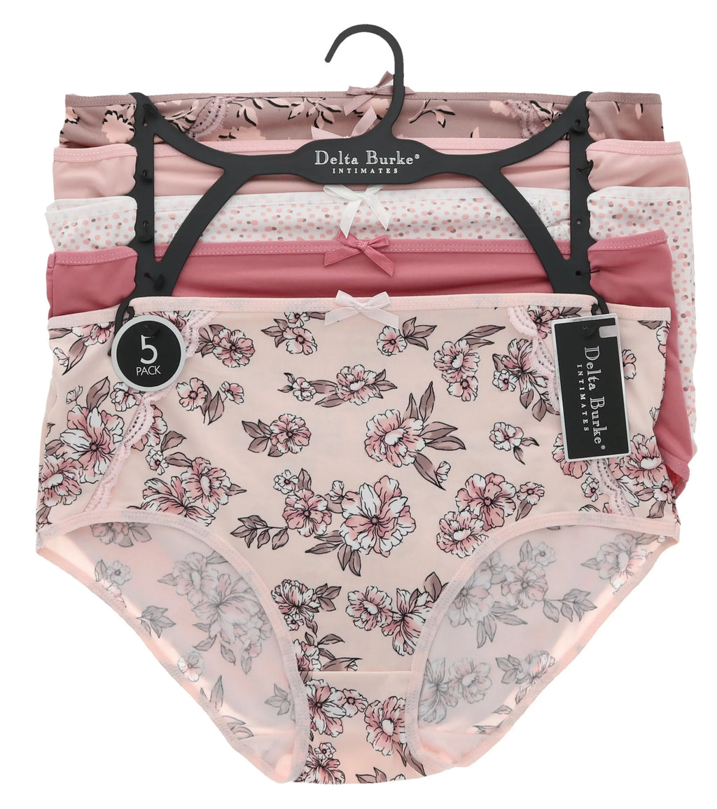 Delta Burke Intimates Women's Plus Size Sexy Classic High Rise Brief Panties (5Pr) (-Large, Pink Floral Dots)