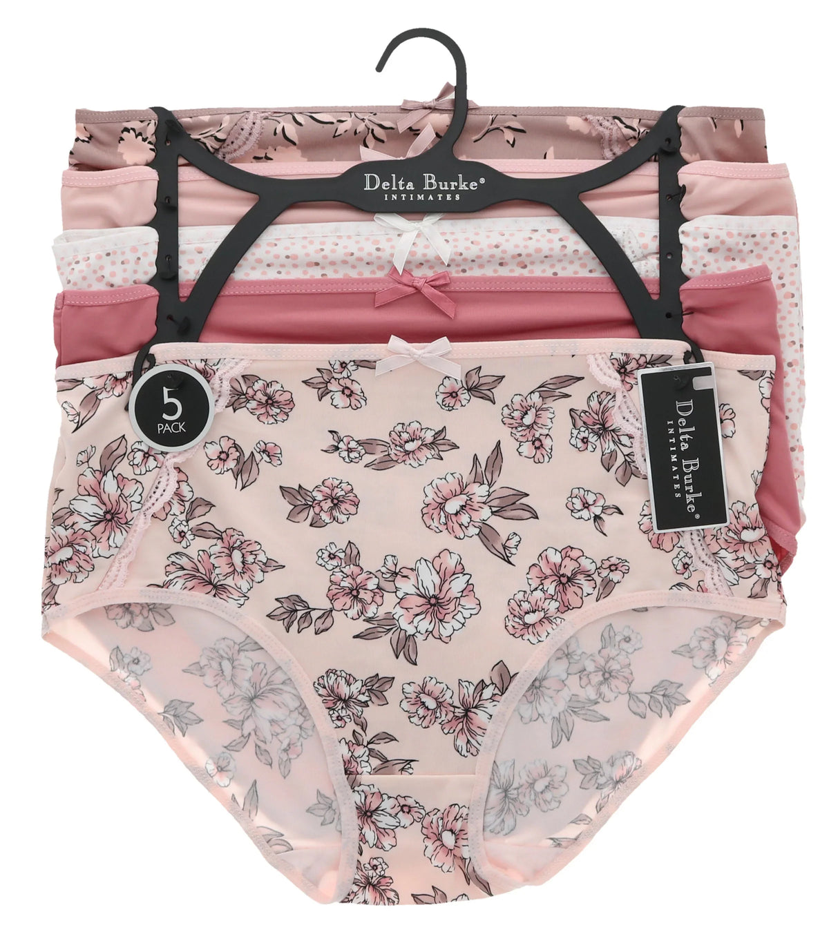 Delta Burke Intimates Women's Plus Size Sexy Classic High Rise Brief Panties (5Pr) (-Large, Pink Floral Dots)