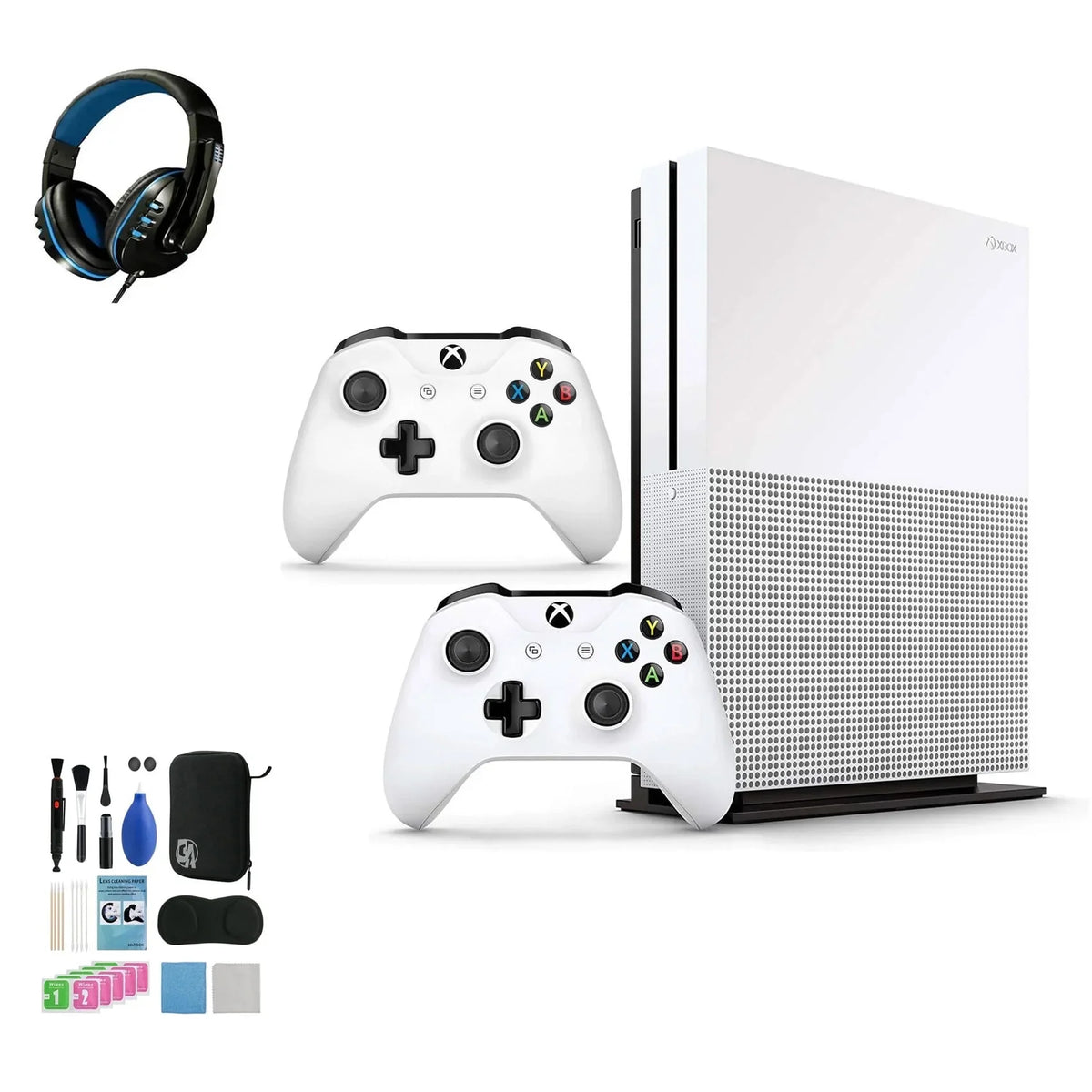Pre-Owned Microsoft Xbox One  1TB with 2 Controller, 4K Ultra  White with   Cleaning Kit Headset Bundle (Refurbished: Like New)