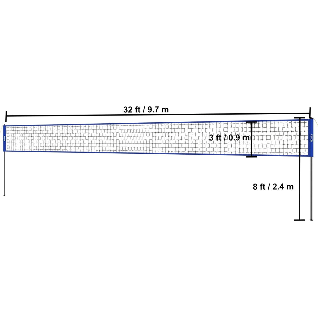 32ft x 3ft Portable Volleyball Net System Adjustable Height Poles with  Volleyball, Carrying Bag, Boundary Lines, Steel Poles & Pump for Outdoor Sports