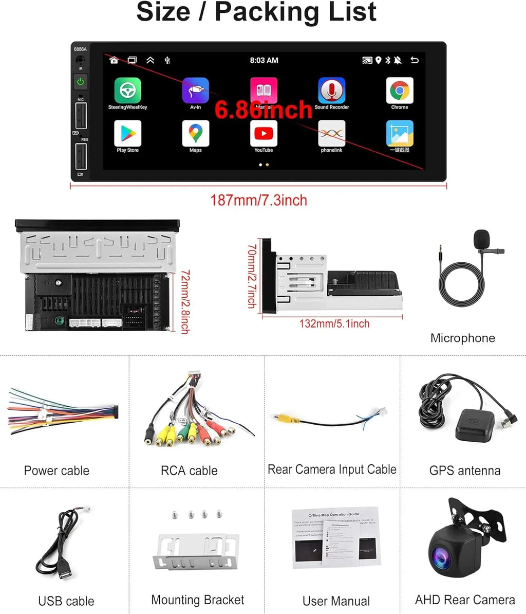 2G+32G Android Single Din Wireless Carplay Car Stereo Android Auto podofo 6.86 inch  Touch Screen Bluetooth Car Radio in Dash  Head Unit with Backup Camera WiFi Subwoofer HiFi Audio