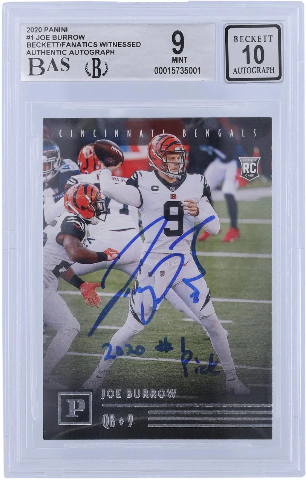 Joe Burrow Cincinnati Bengals Autographed 2020 Panini Chronicles #-1 Beckett Fanatics Witnessed Authenticated 9/10 Rookie Card with "2020 #1 " Inscription - Fanatics Authentic Certified