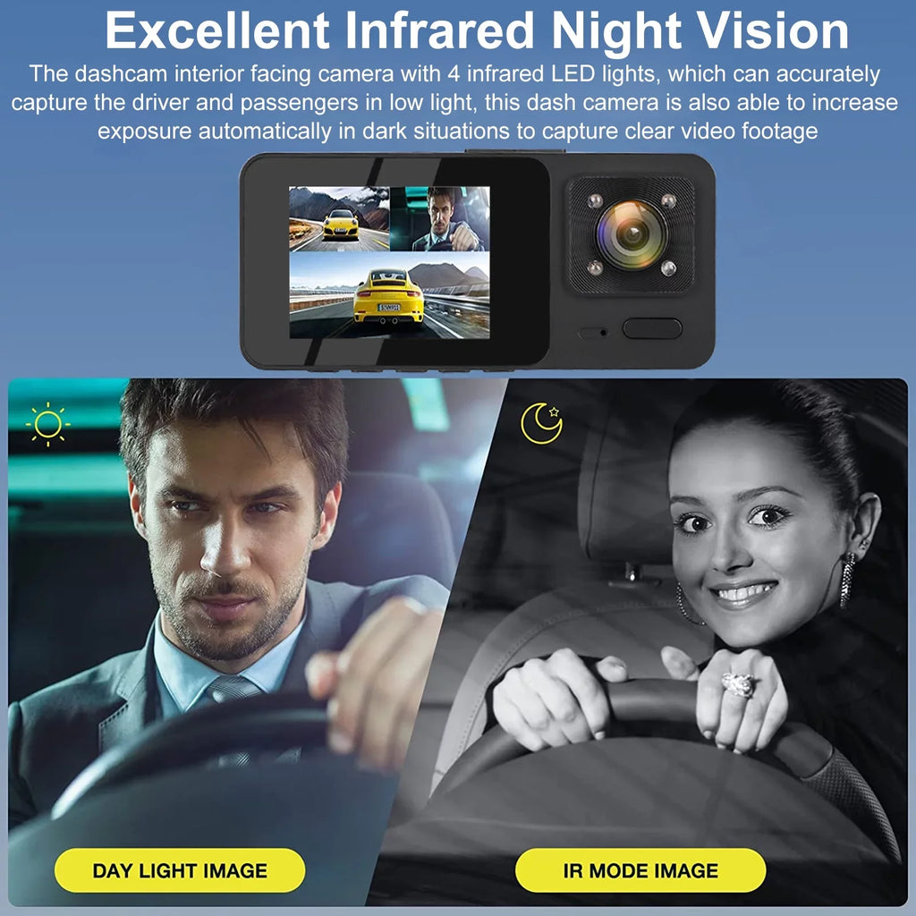 3 Channel Dash Cam,  1080P  Dash Backup Camera with Night Vision, -Sensor, Parking Monitor, Loop Recording - Black