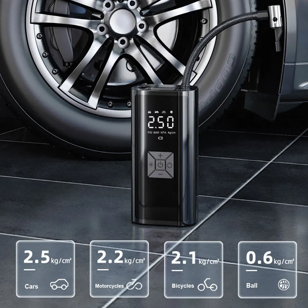 PowerCleany™ Electric Air Pump for Inflatables, Portable Air Compressor for Car Tires, Bicycles, Balls, Air Mattresses and Inflatable Boats, Emergency  Light, Cordless Tire Inflator and Power Bank