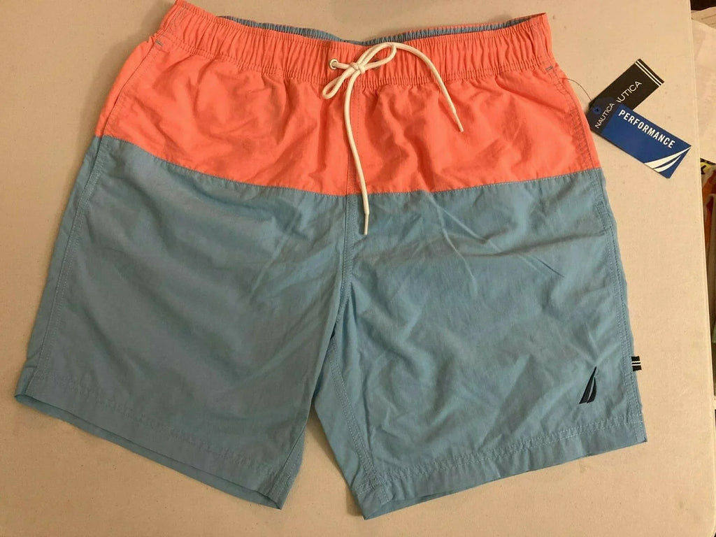 Nautica Men's Colorblocked 8" Swim Trunks  in Alaskan Blue/Peach-Size