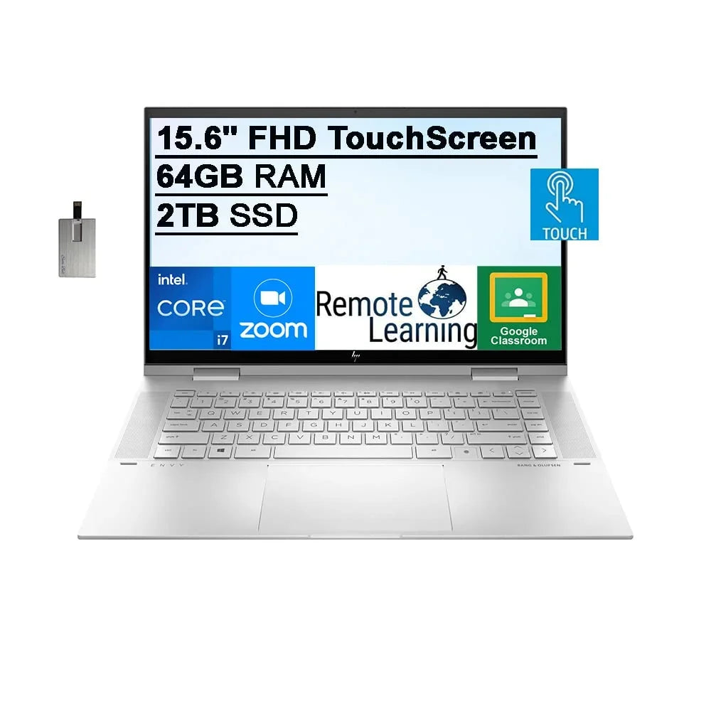 2021 Envy 2-in-1 15.6"  Touchscreen Laptop Computer, 11th Gen Intel Core i7-1195G7, 64GB , 2TB PCIe , Backlit Keyboard, Intel Iris Xe Graphics,  Webcam, Win 11, Silver, 32GB  Card