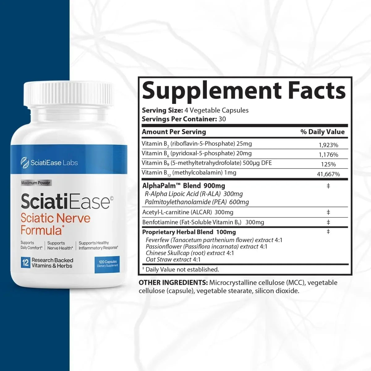 SciatiEase Sciatic Nerve Health Support - Supplement with AlphaPalm, Pea, Vitamin  Complex, Alpha Lipoic Acid 300mg - 120 Capsules - Nerve Support Formula