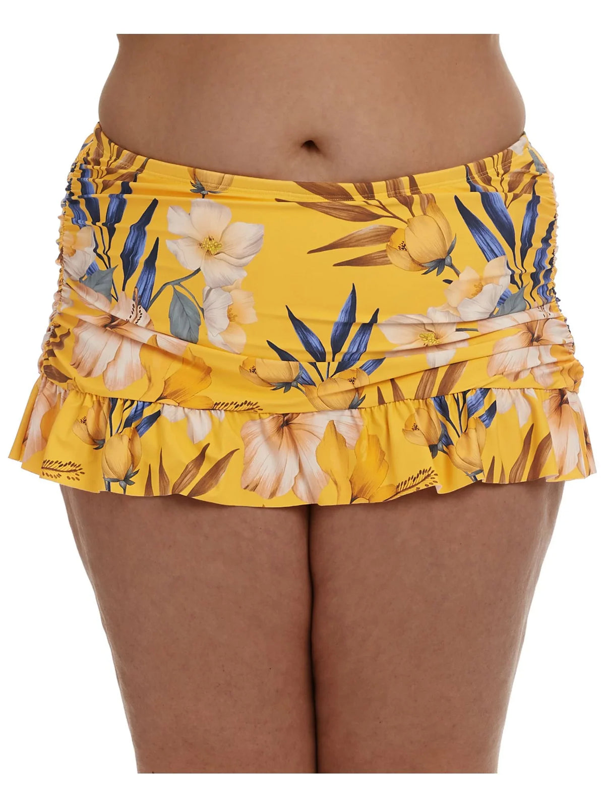 Women's Yellow Printed Stretch Tummy Control Ruched Sides Lined Moderate Coverage Ruffled Belle Fiore Swim Skirt Swimsuit Bottom 18W