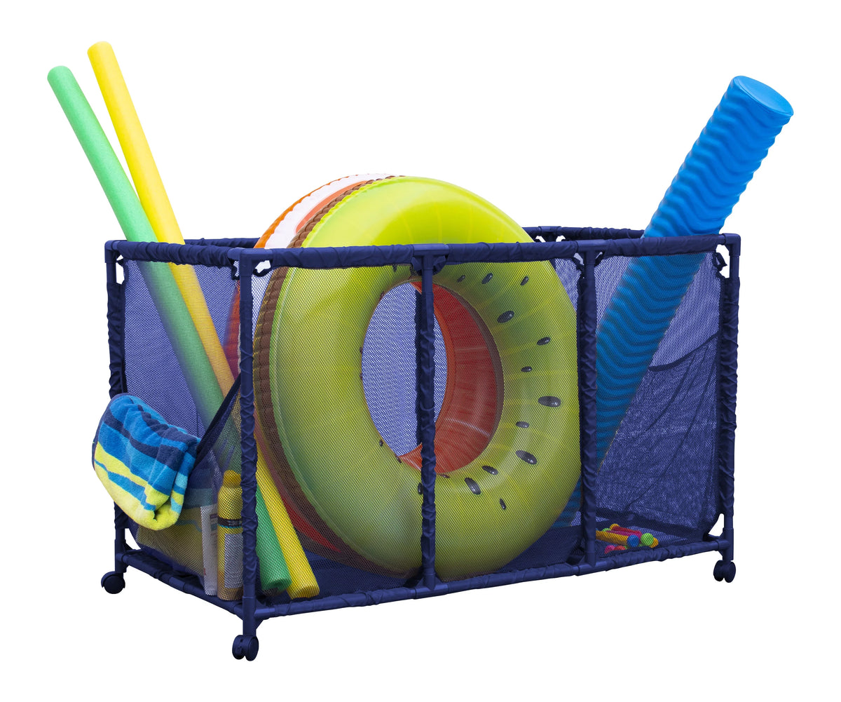 Essentially Yours Pool Noodles Holder, Toys, Floats, Balls and Floats Equipment Mesh Rolling Storage Organizer Bin, Kids Height, Large, (43"  x 25"  x 28" ), Blue Style 563009