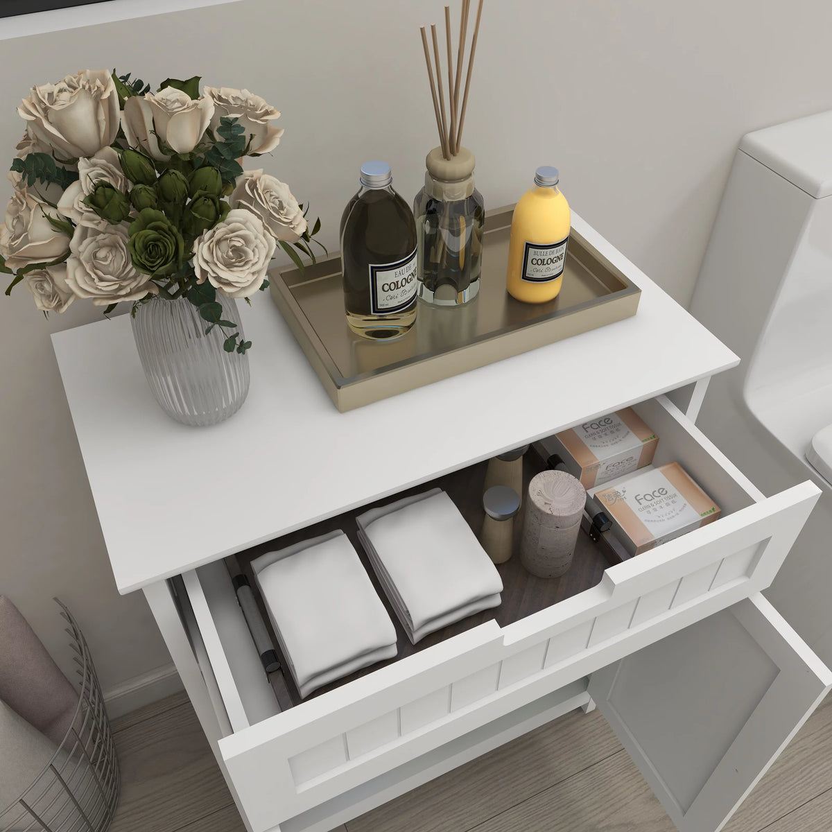 Versatile Bathroom Floor Cabinet in White Freestanding Wood Storage Organizer 2 Doors, 1 Drawer Adjustable Shelf Elegant Design for Bathroom and Living Room.