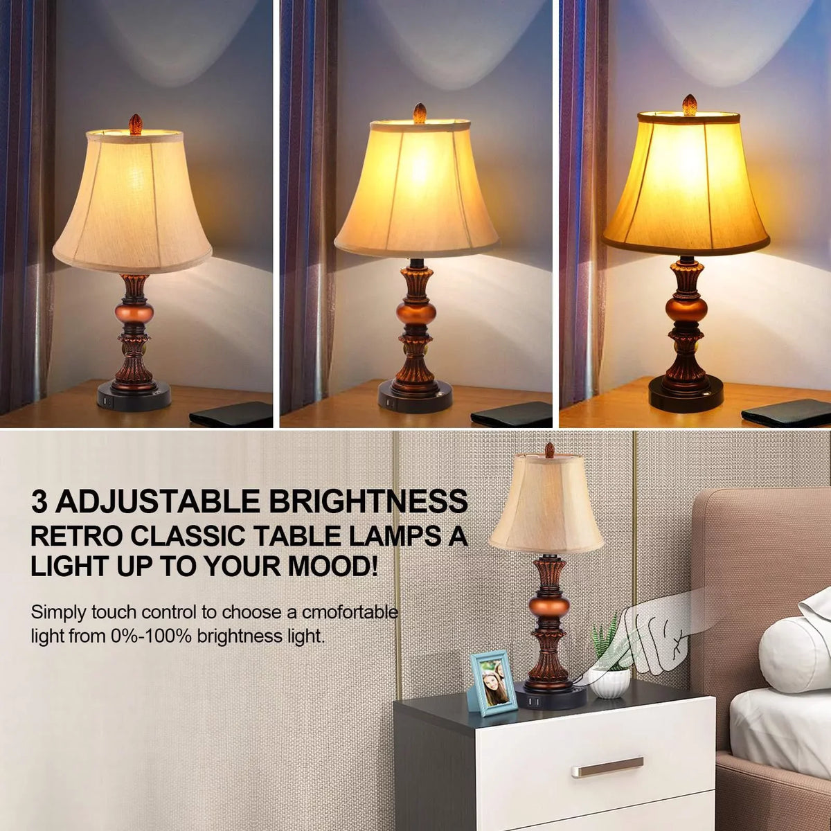 Nictiv Set of 2 Table Lamps, Bedroom Bedside Lamp with 4  Port Touch Control 3-Way Dimmable Nightstand Lamp Traditional Wooden Lamp Sets with 2 Free  Bulbs