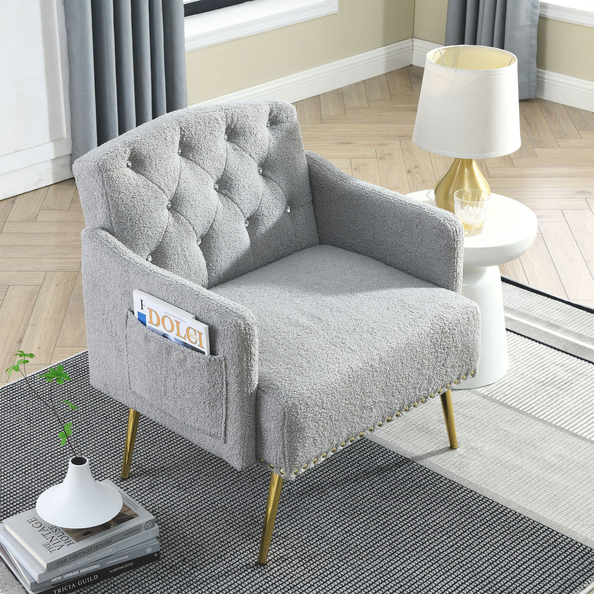 30 " Modern Chesterfield Tufted Upholstered Chair with Deep Buttons, Living Room Chair, Comfortable Armchair, Gold Hardware Legs, Tufted Chair for Reading or Relaxing,