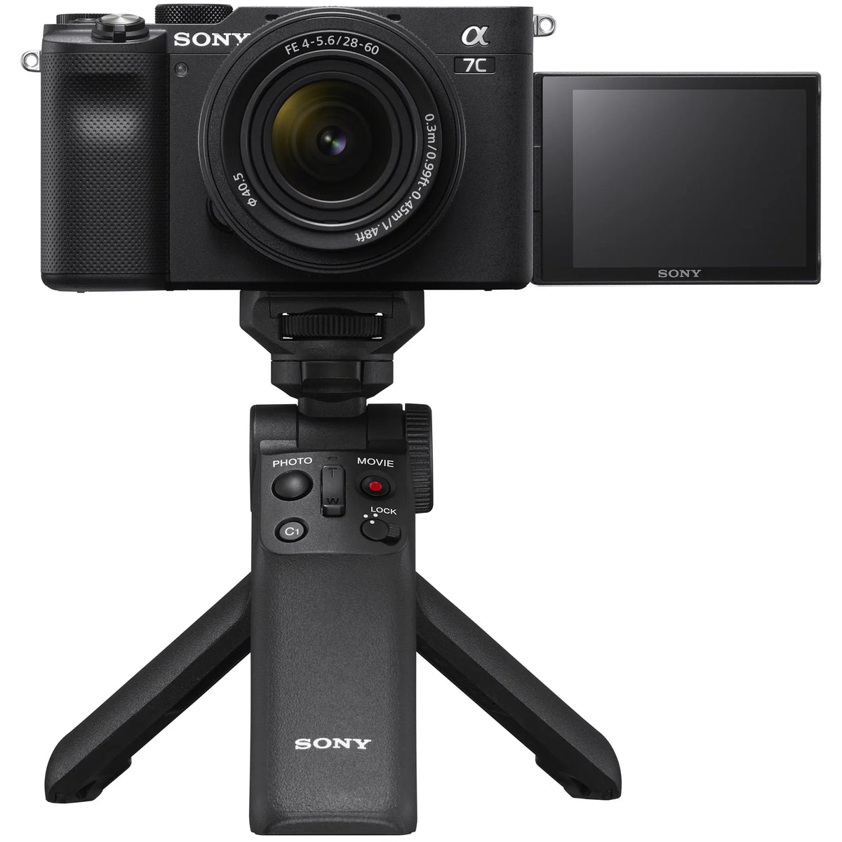Sony a7C Mirrorless Full Frame Camera Body with 28-60mm -5.6 Lens Black / Bundle + Vlogger Kit : - Shooting Grip w. Wireless Remote + 2x Battery + Deco Gear Bag & Accessories