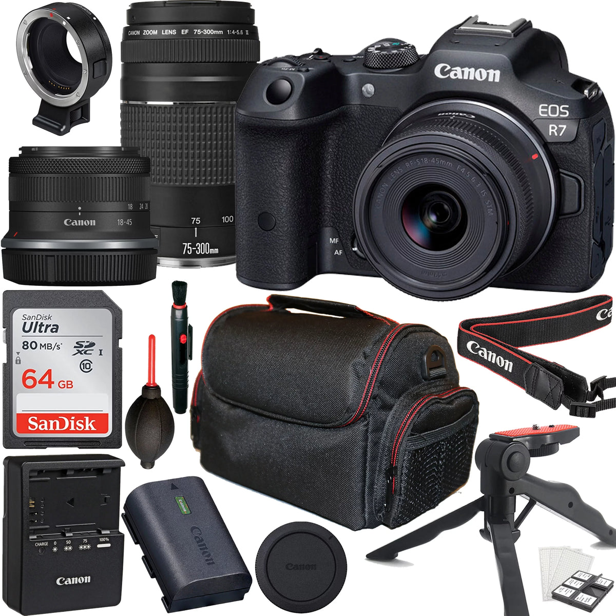 Canon   Mirrorless Camera with - 18-45mm f/4.5-6.3   Lens + Canon  75-300mm f/4-5.6  Lens + 64GB Memory Card + Tripod + Case & More