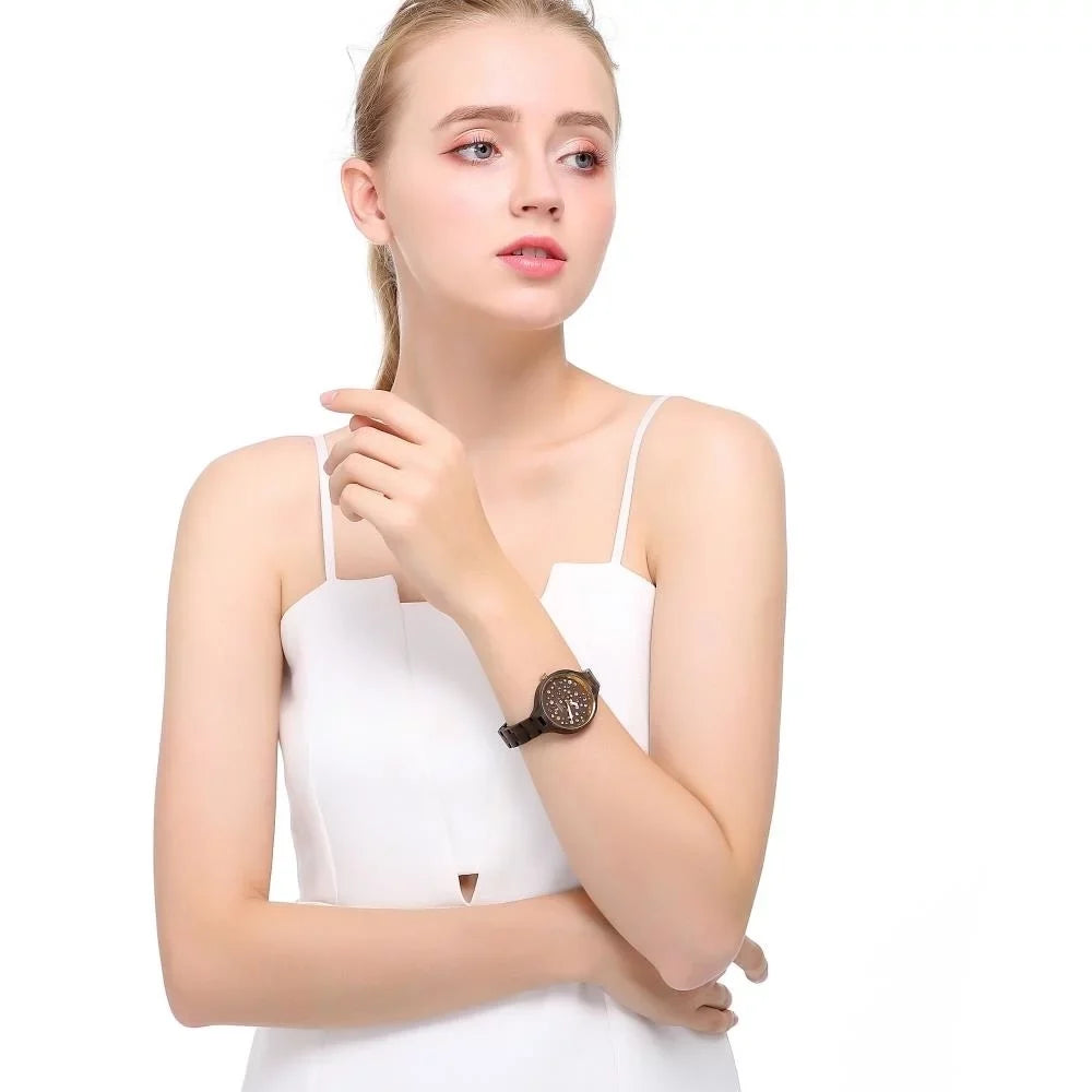 Womens Brown Salwood Watch with Crystals, Gold Bezel, Business Casual, Swiss Ronda Movement, 1ATM Water Resistant